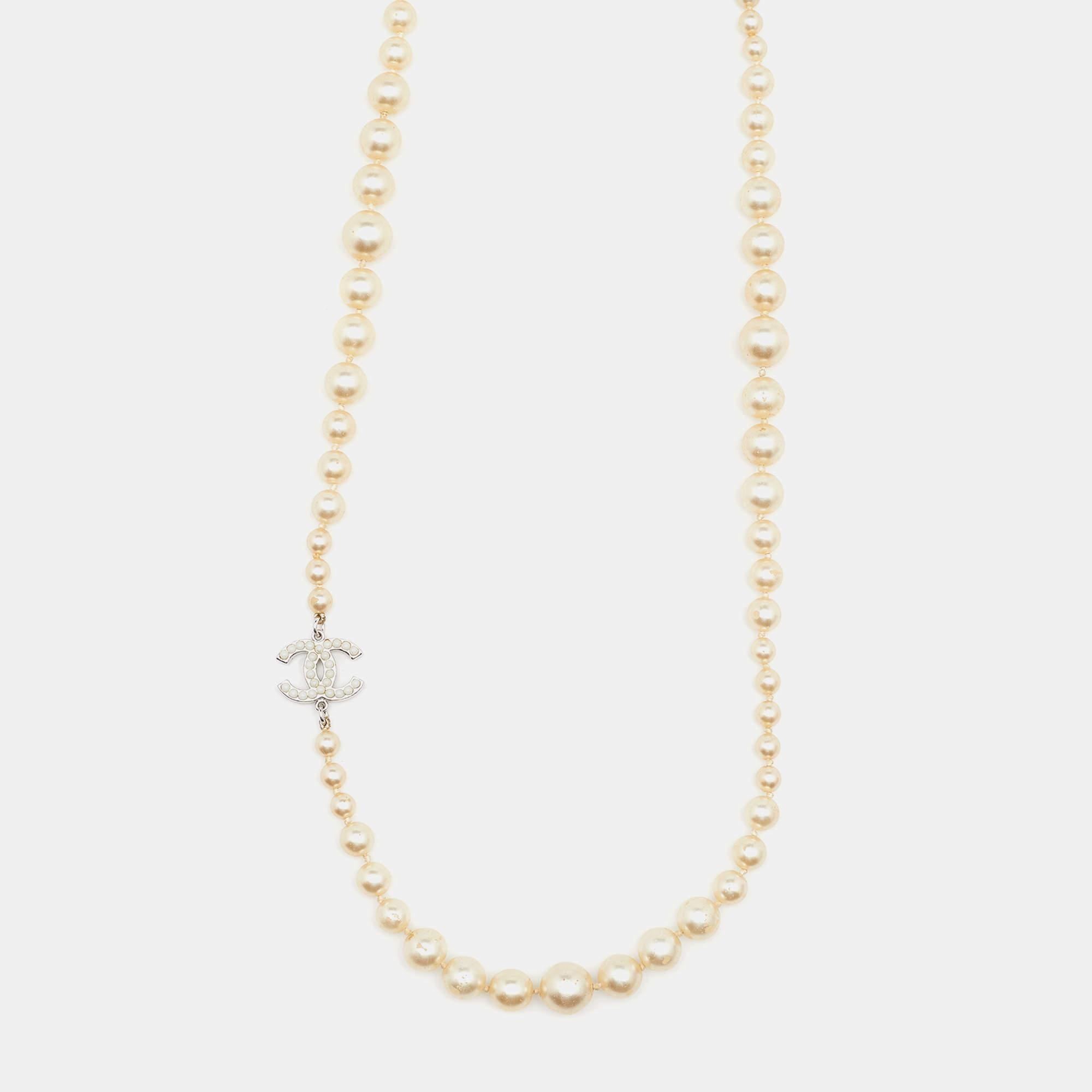 Assembled with faux pearls and the CC logo, this necklace from Chanel can be worn as is or doubled up for a layered look. It has a classy appeal and will complement a variety of outfits, from a simple black dress to a Chanel tweed suit.

