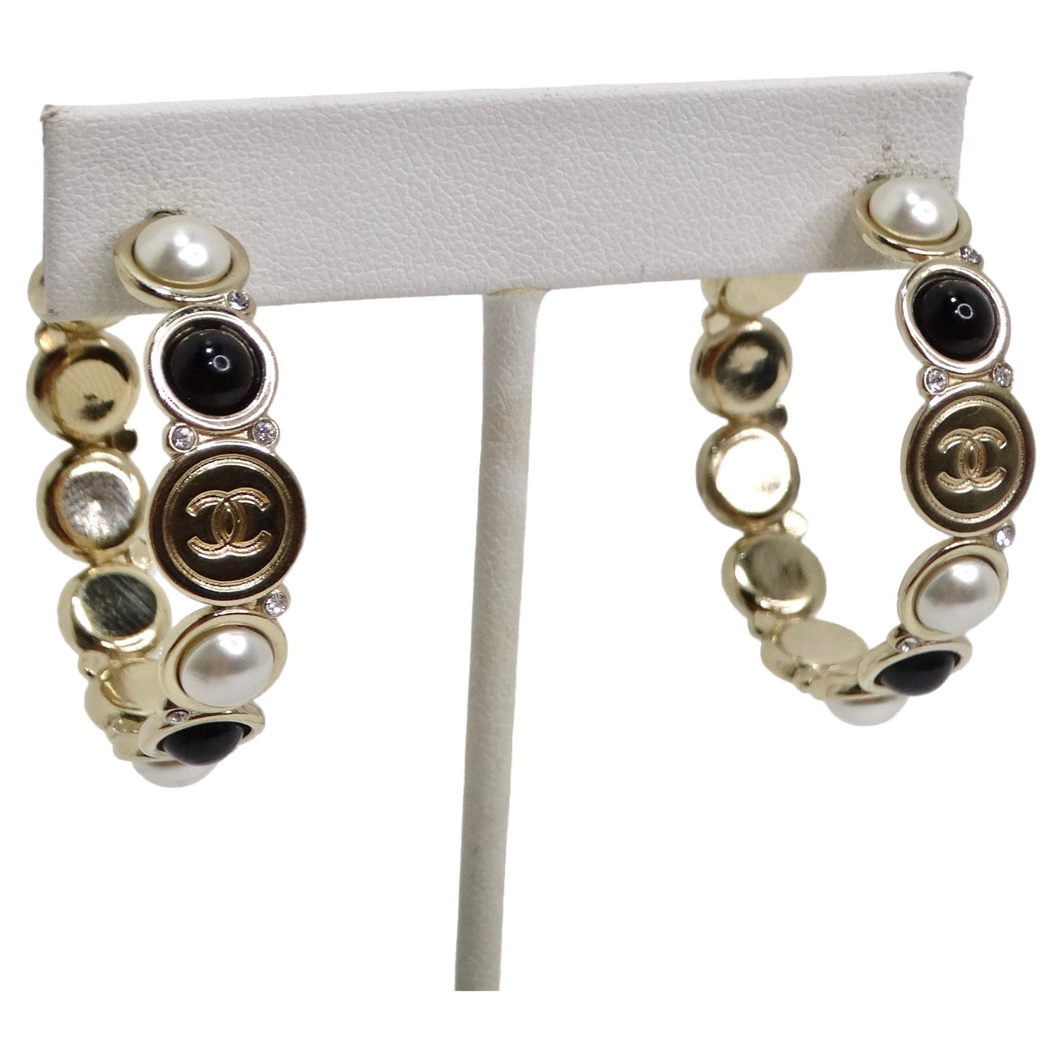 Chanel Crystal and Faux Pearl Gold Tone CC Chain Hoop Earrings For