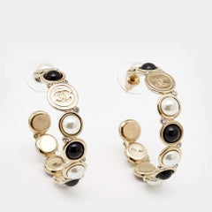 Chanel CC Faux Pearl Obsidian Crystals Gold Tone Hoop Earrings