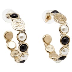 Chanel CC Faux Pearl Obsidian Crystals Gold Tone Hoop Earrings