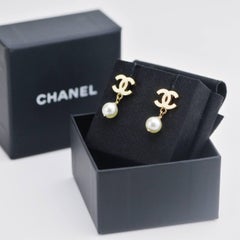 Chanel CC Faux Pearl Quilted Gold Tone Drop Earrings