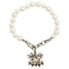 Chanel CC Faux Pearl Silver Tone Metal Bracelet