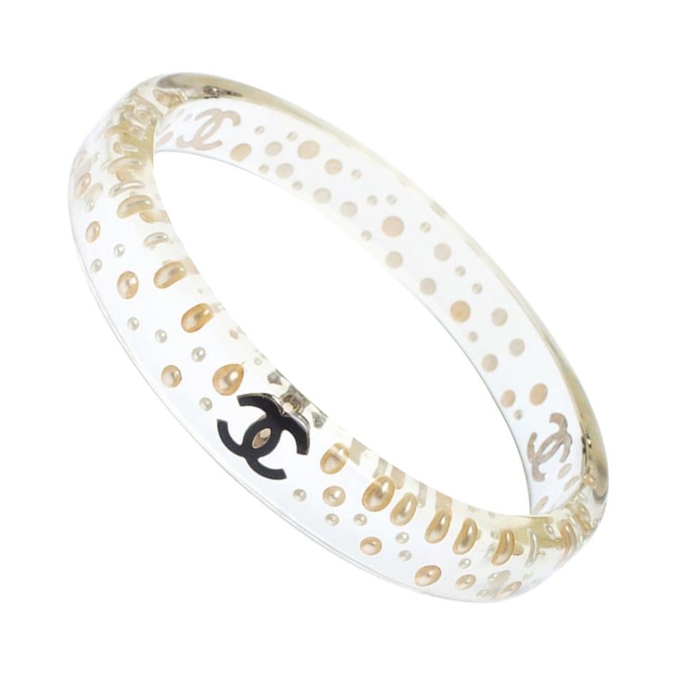 Chanel CC Faux Pearl Transparent Resin Bangle Bracelet For Sale at
