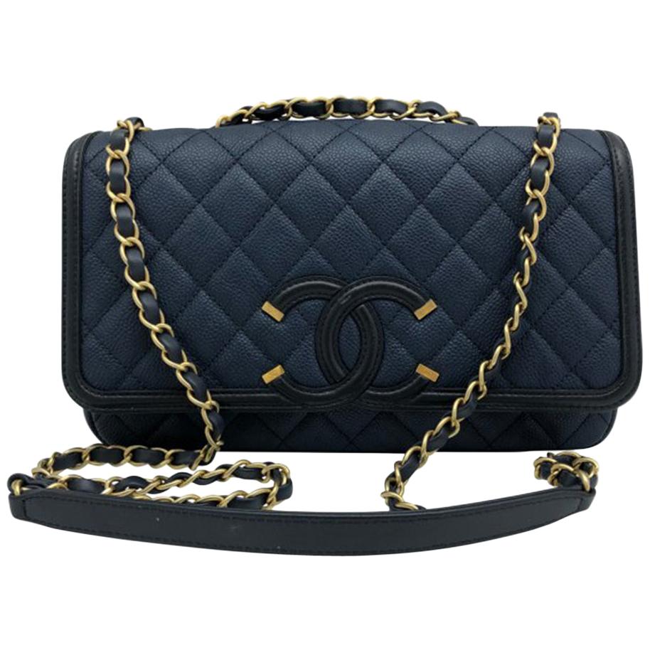 Chanel CC Filigree Medium Flap - Blue Black Caviar Leather For