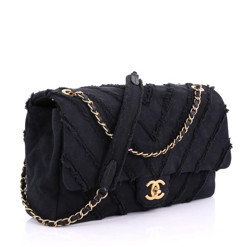 Black Chanel CC Flap Bag Chevron Canvas Patchwork Maxi