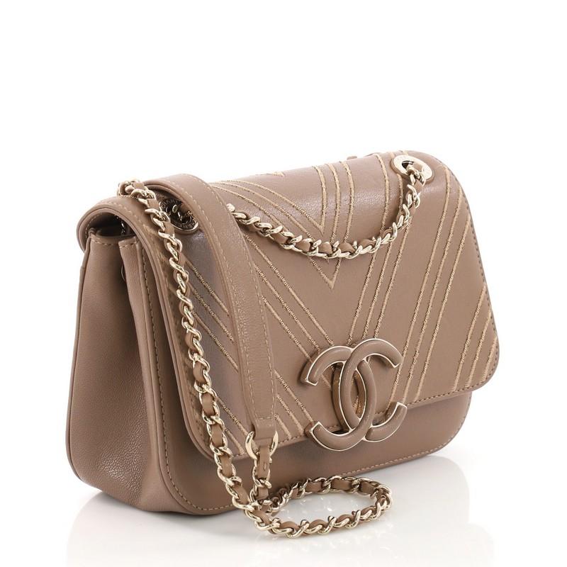 Brown Chanel CC Flap Bag Triple Stitch Chevron Leather Small