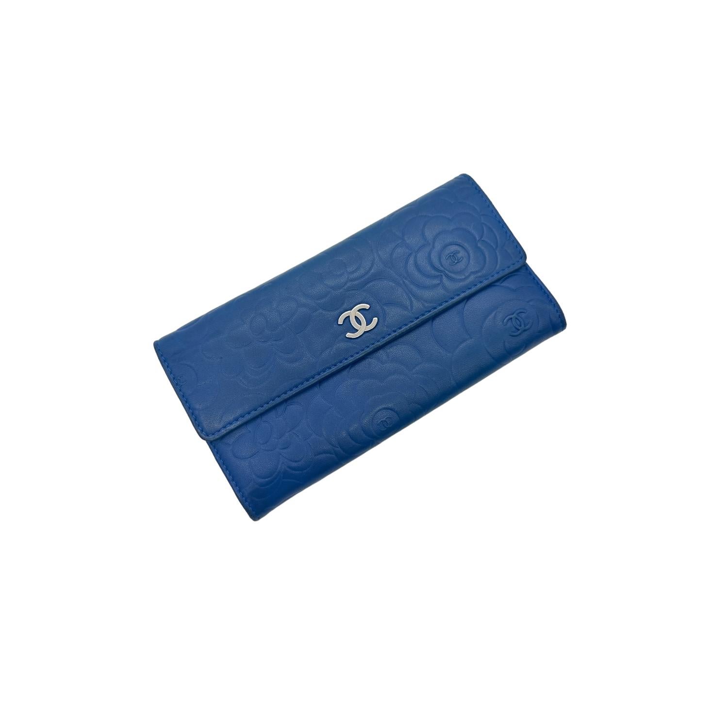Chanel CC Flap Camellia Lambskin Long Wallet Blue 8
