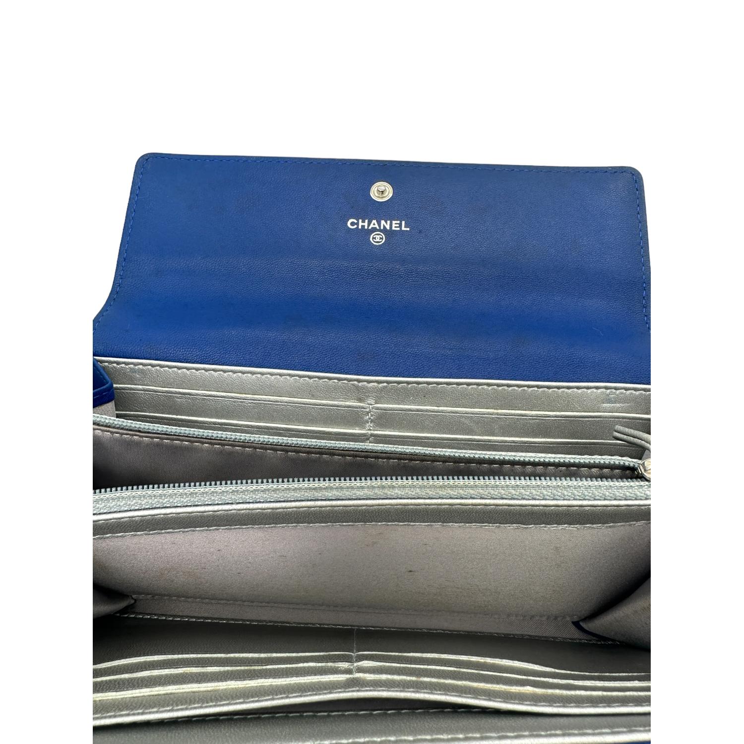 Chanel CC Flap Camellia Lambskin Long Wallet Blue 4