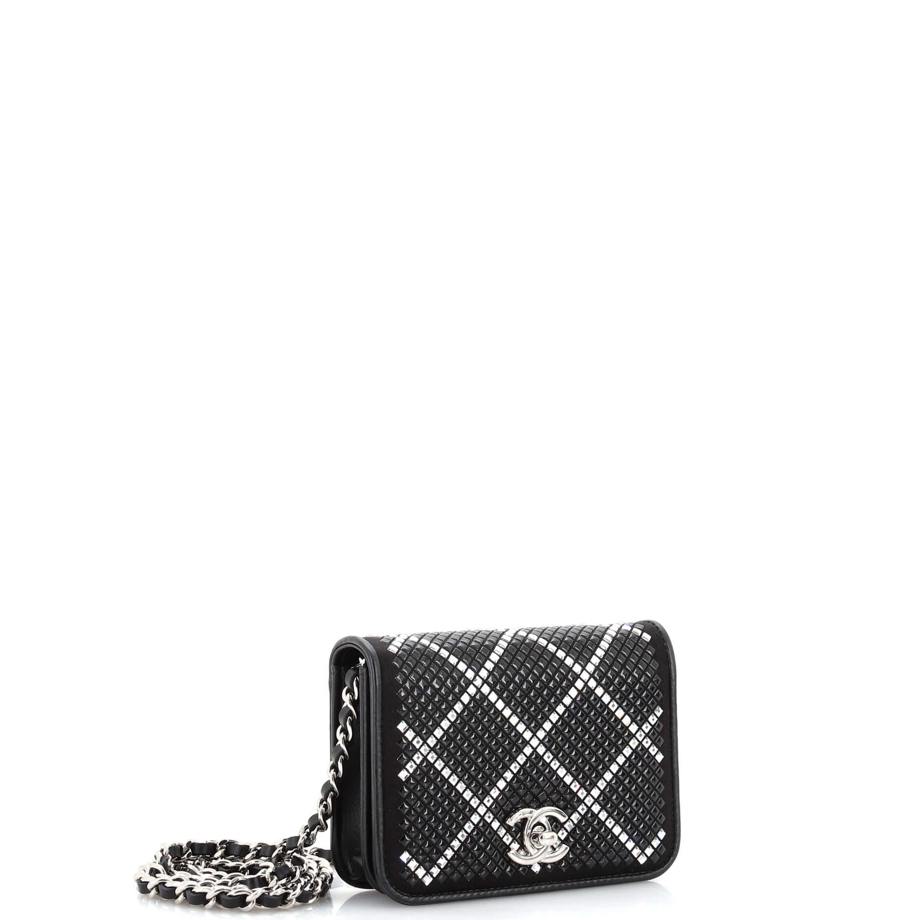 Chanel CC Flap Card Holder on Chain Strass Embellished Satin Mini In Good Condition In NY, NY