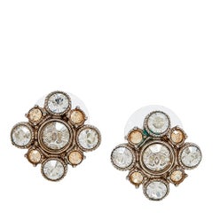 Chanel CC Floral Crystal Embellished Silver Tone Stud Earrings