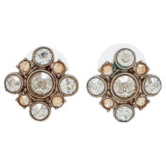 Chanel CC Floral Crystal Embellished Silver Tone Stud Earrings