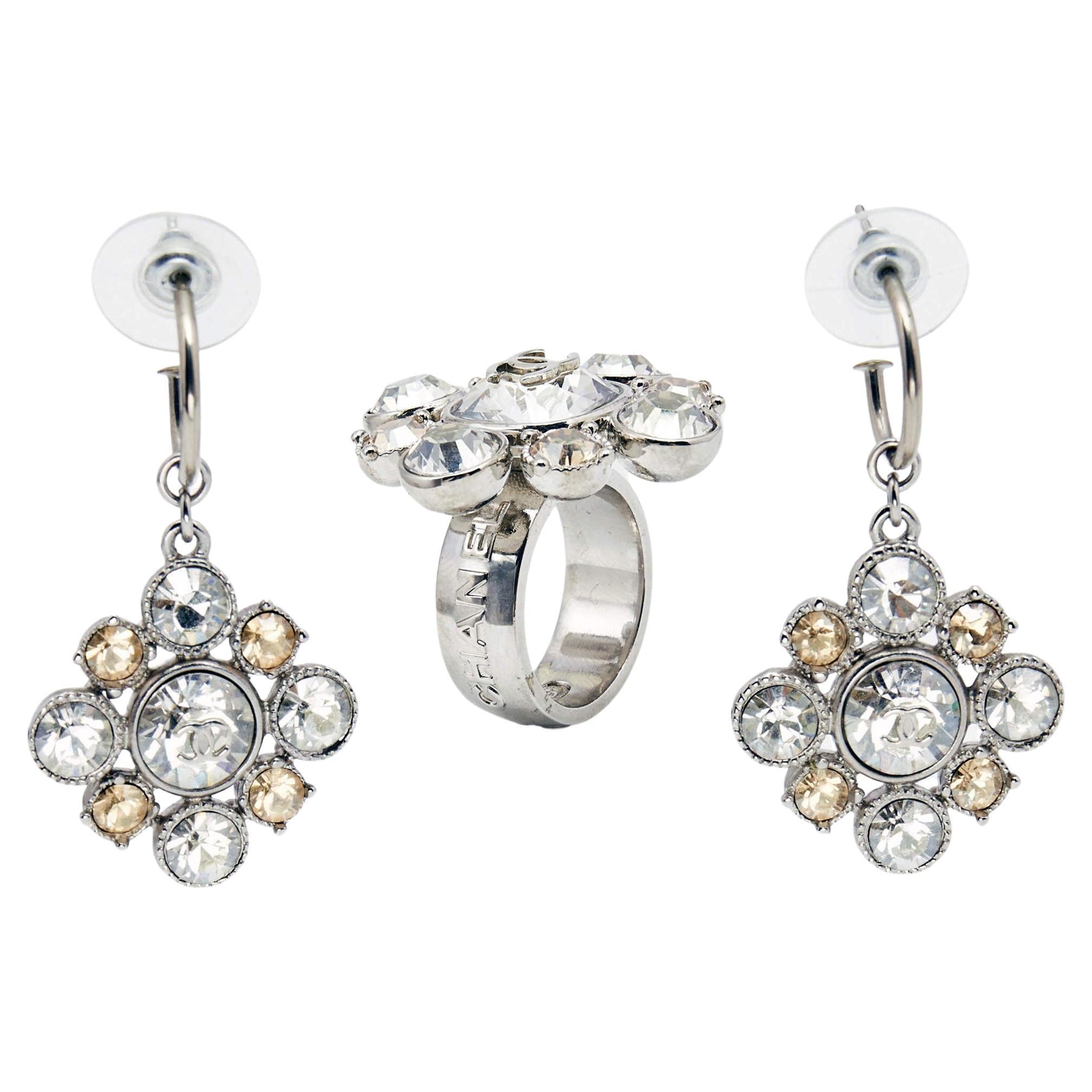Chanel CC Floral Crystals SIlver Tone Earrings and Ring Size 54