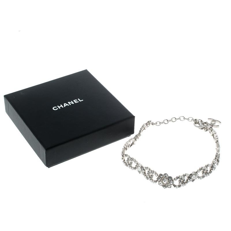 Women's Chanel CC Flower Crystal Embellished Silver Tone Choker Necklace