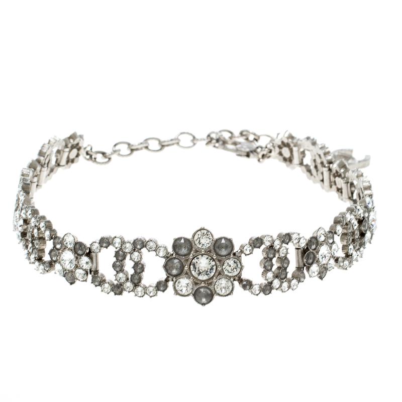 Chanel CC Flower Crystal Embellished Silver Tone Choker Necklace