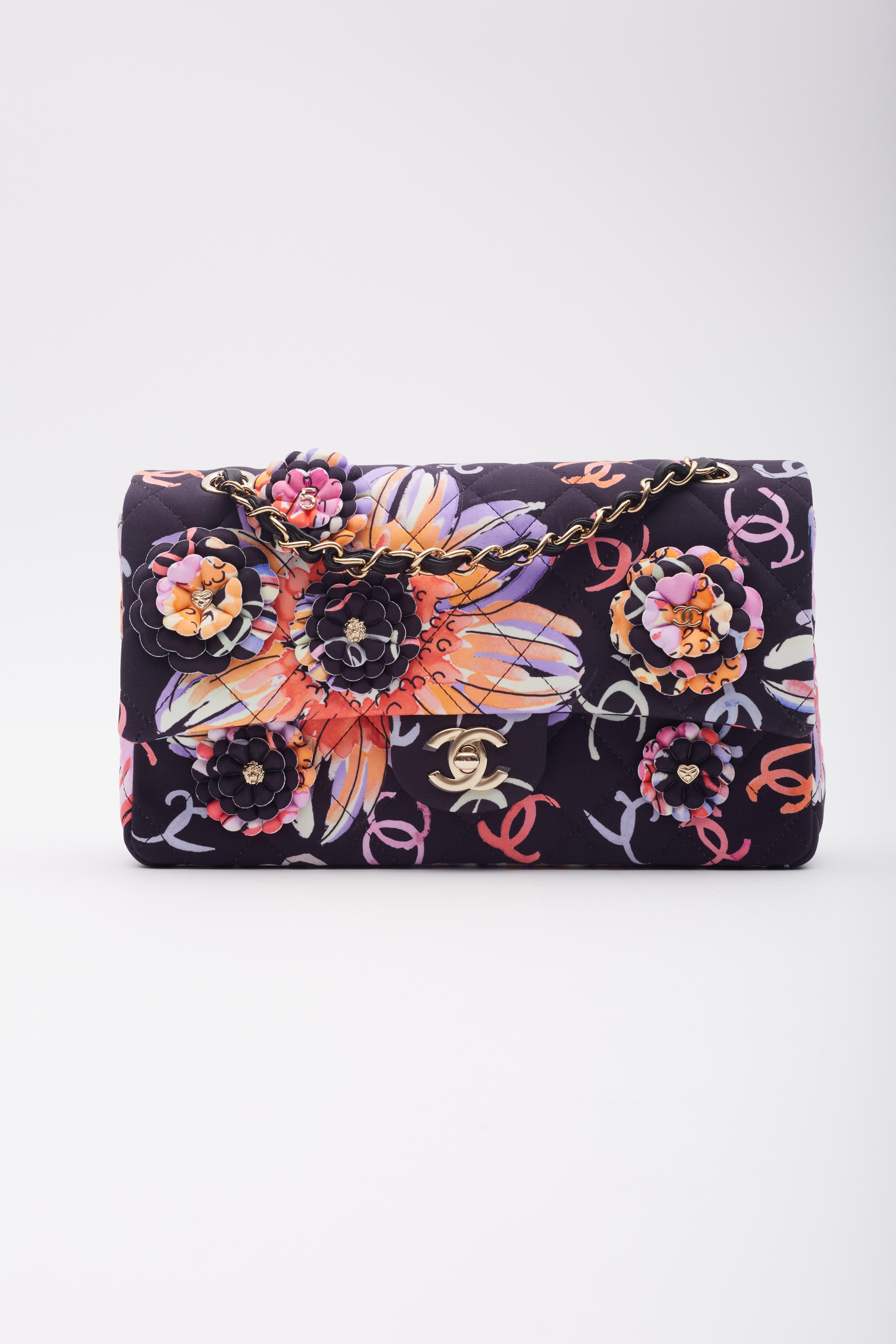 Black Chanel CC Flower Embroidery Logo Printed Lavender Flap Bag For Sale