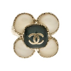 Chanel CC Flower Resin Gold Tone Ring Size 52