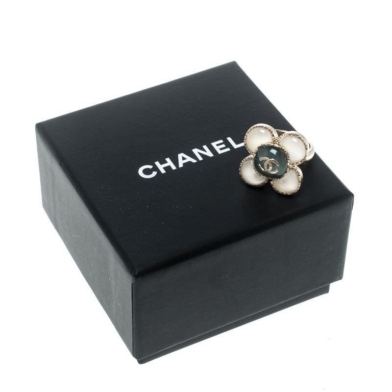 Chanel CC Flower Resin Gold Tone Ring Size 52 1
