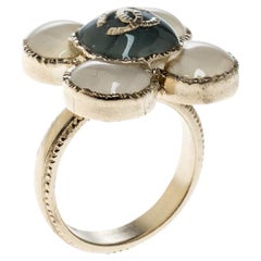 Chanel CC Flower Resin Gold Tone Ring Size 52