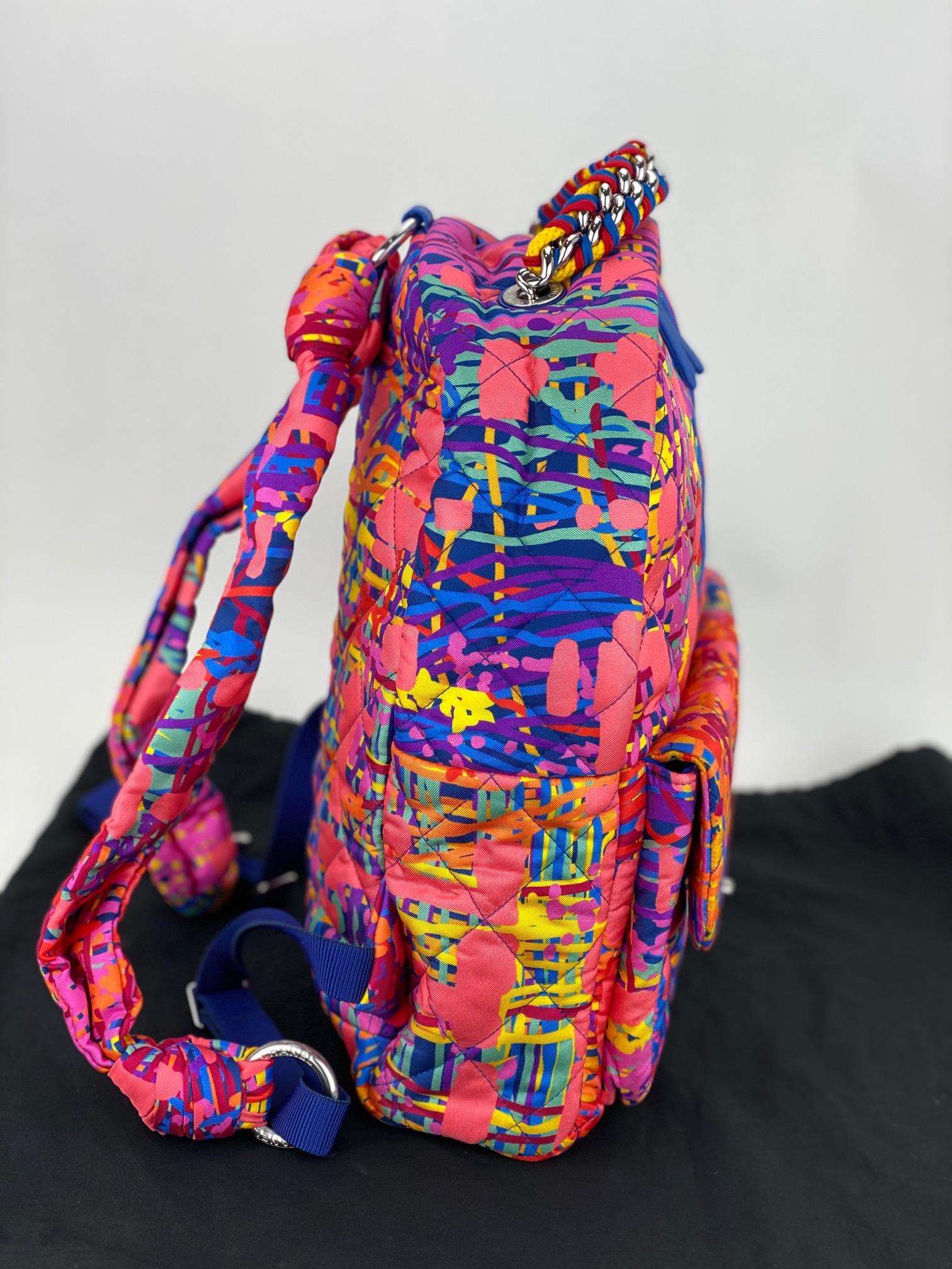 Women's CHANEL CC Foulard Quilted Multicolor Fabric Printed Backpack Pink Travel Bag 