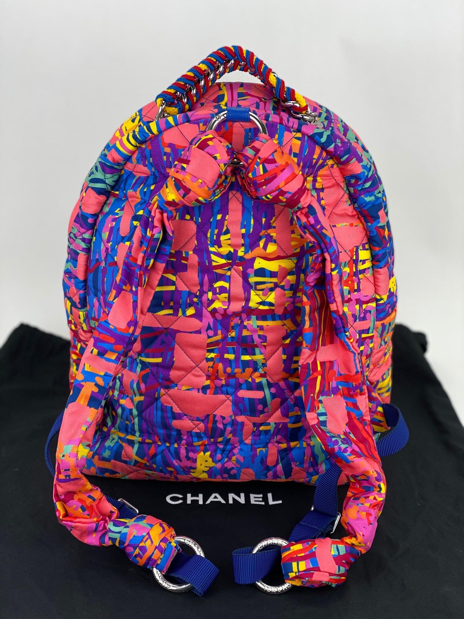 CHANEL CC Foulard Quilted Multicolor Fabric Printed Backpack Pink Travel Bag  1