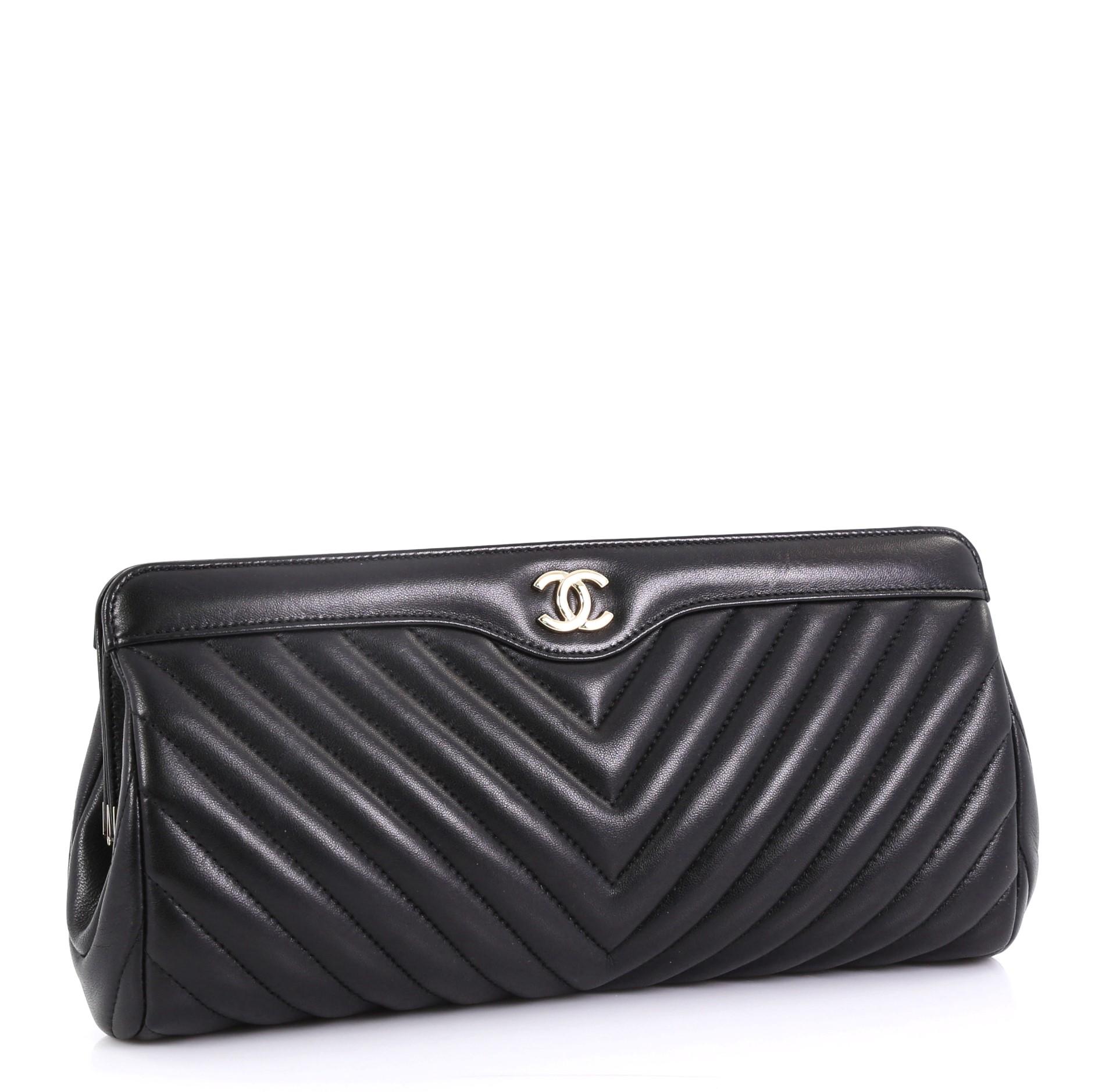 Black Chanel CC Frame Clutch Chevron Lambskin