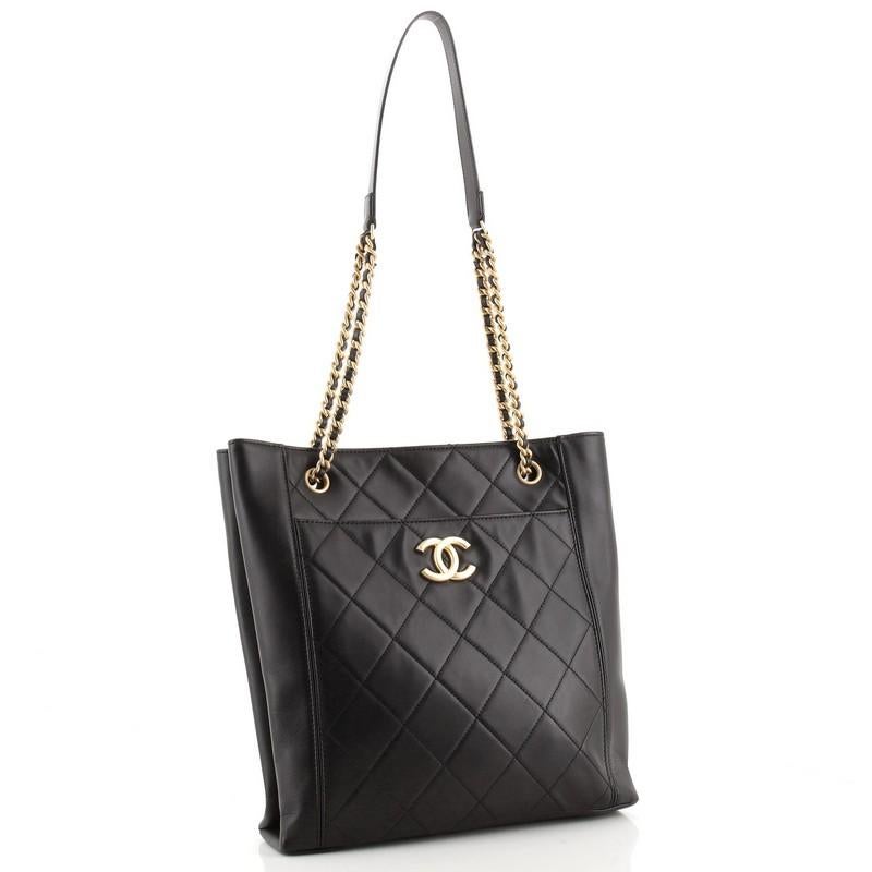 Black Chanel CC Front Pocket Shopping Tote Quilted Calfskin Small
