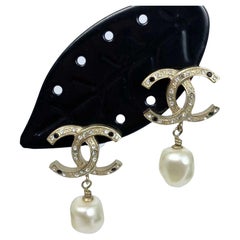 Antique Chanel CC Glass Pearl Drop Earrings