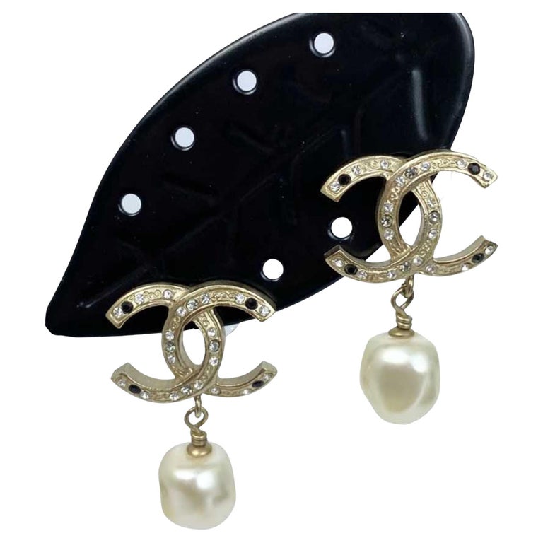 Chanel CC Glass Pearl Drop Earrings