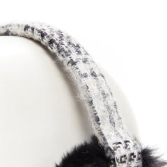 CHANEL CC gold chain logo checked tweed black fur ear muff