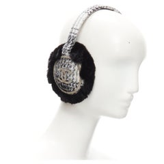 CHANEL CC gold chain logo checked tweed black fur ear muff