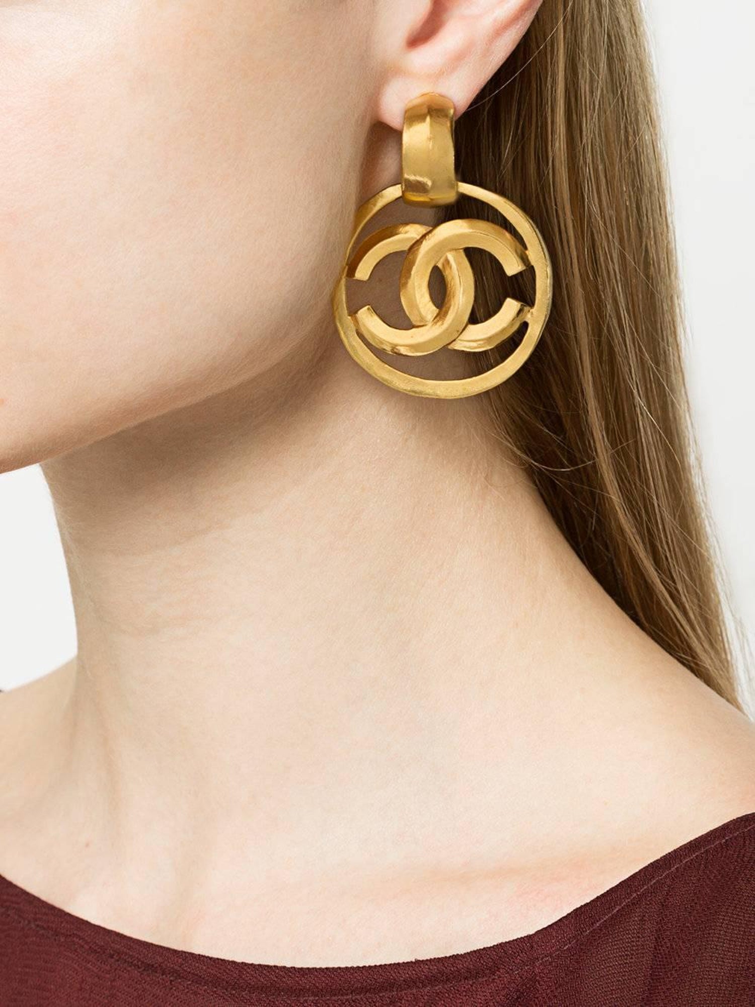Chanel CC Gold Charm Circle Hoop Doorknocker Large Dangle Earrings at  1stDibs