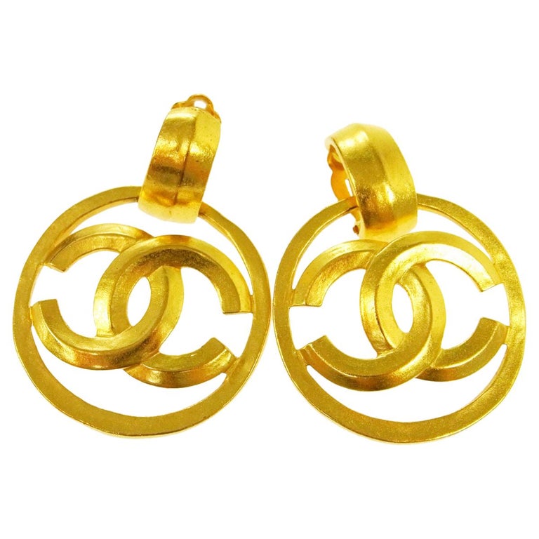 Chanel CC Gold Charm Circle Hoop Doorknocker Large Dangle Earrings