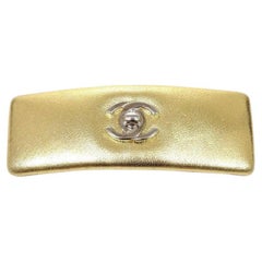Vintage CHANEL CC Gold Lambskin Leather Silver Hardware Turnlock Hair Barrette Clip