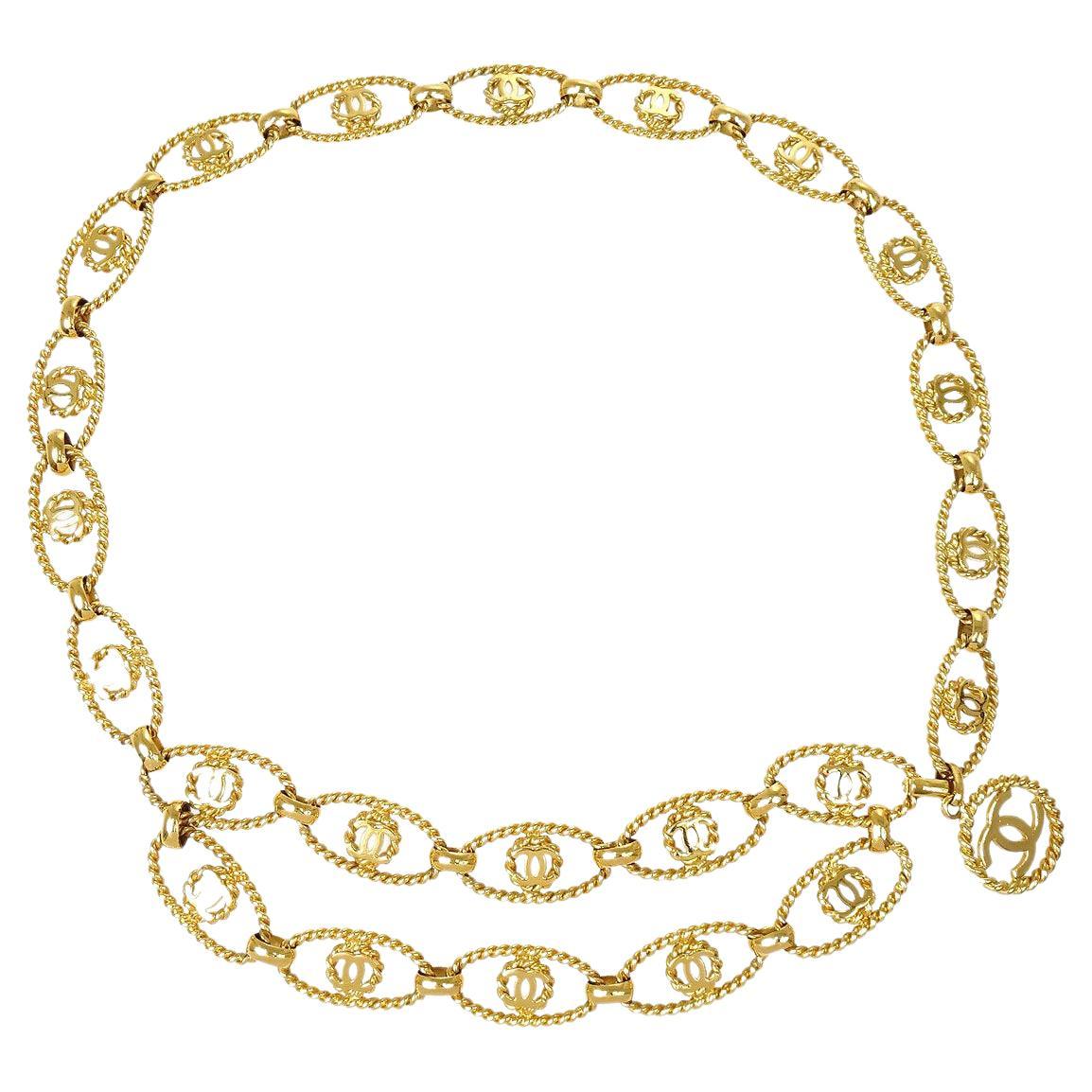 CHANEL CC Gold Metal Braided Charm Chain Link Waist Belt 