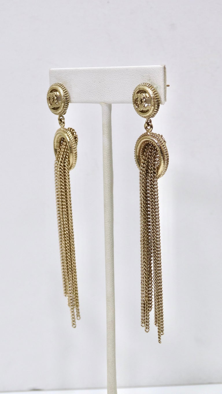 CHANEL CC Gold Metal Fringe Dangle Earrings For Sale at 1stDibs