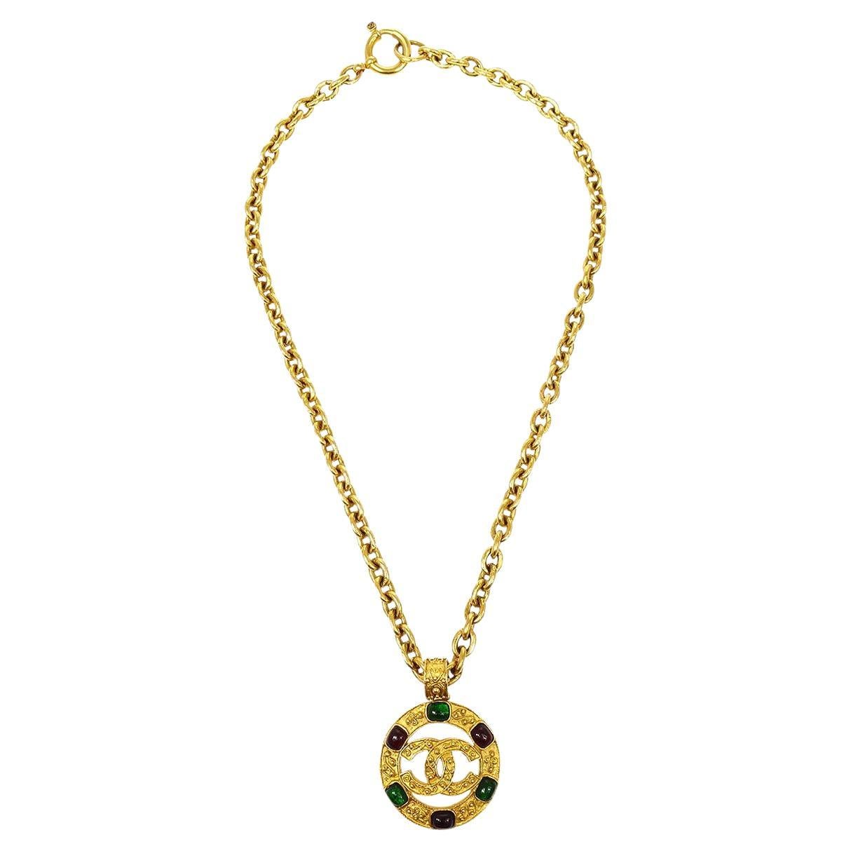 CHANEL CC Gold Metal Gripoix Glass Stone Charm Chain Link Necklace For Sale  at 1stDibs