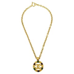 CHANEL CC Gold Metal Gripoix Glass Stone Charm Chain Link Necklace