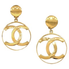 Retro CHANEL CC Gold Metal Large Round Hoop Evening Dangle Drop Earrings