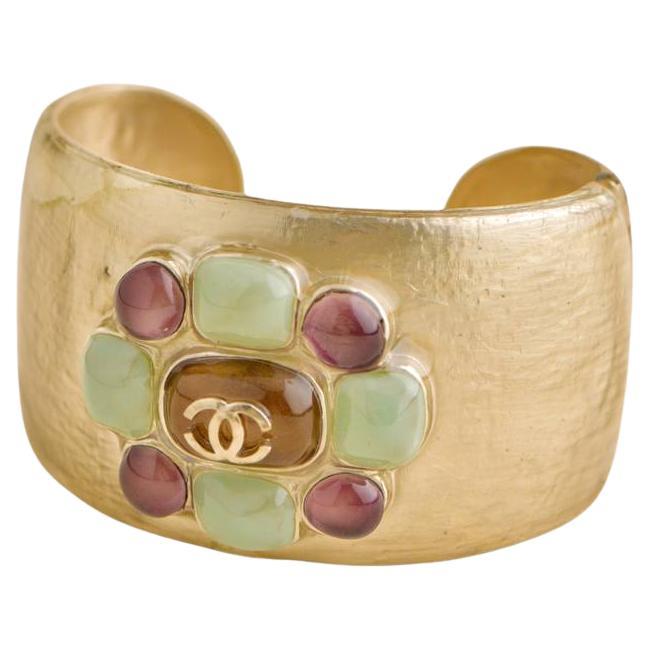 CHANEL CC Gold Metal Multi Colour Glass Gripoix Cuff  For Sale