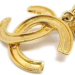 CHANEL CC Gold Metal Textured Nugget Logo Evening Dangle Drop Earrings