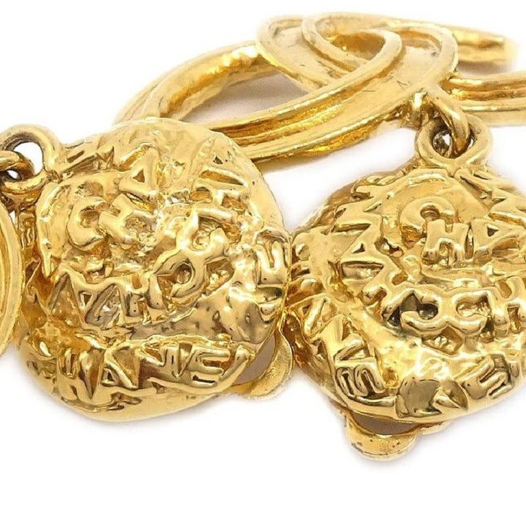 CHANEL CC Gold Metal Textured Nugget Logo Evening Dangle Drop Earrings