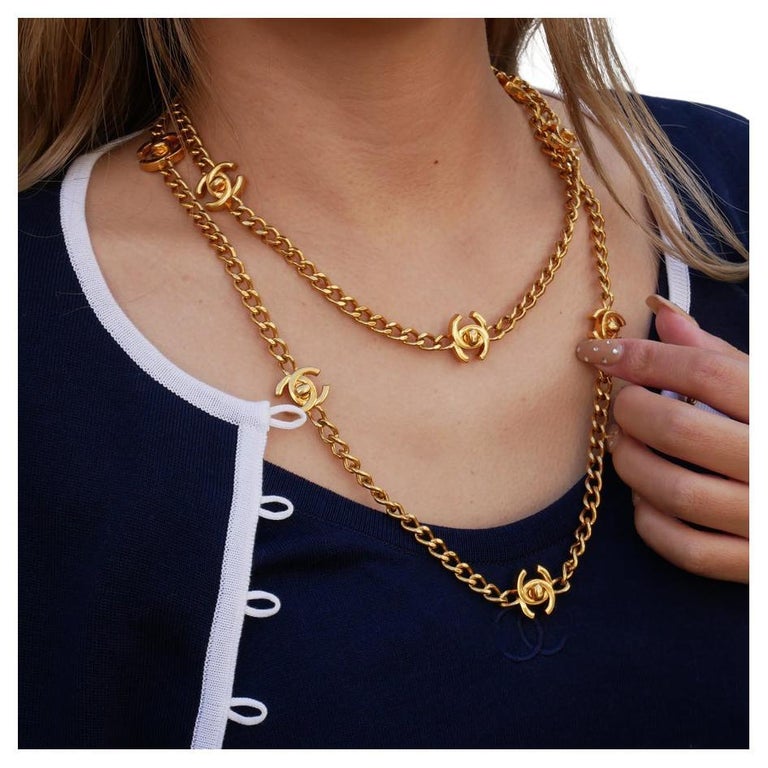CHANEL CC Gold Metal Turnlock Double Chain Link Necklace For Sale at  1stDibs | chanel necklace