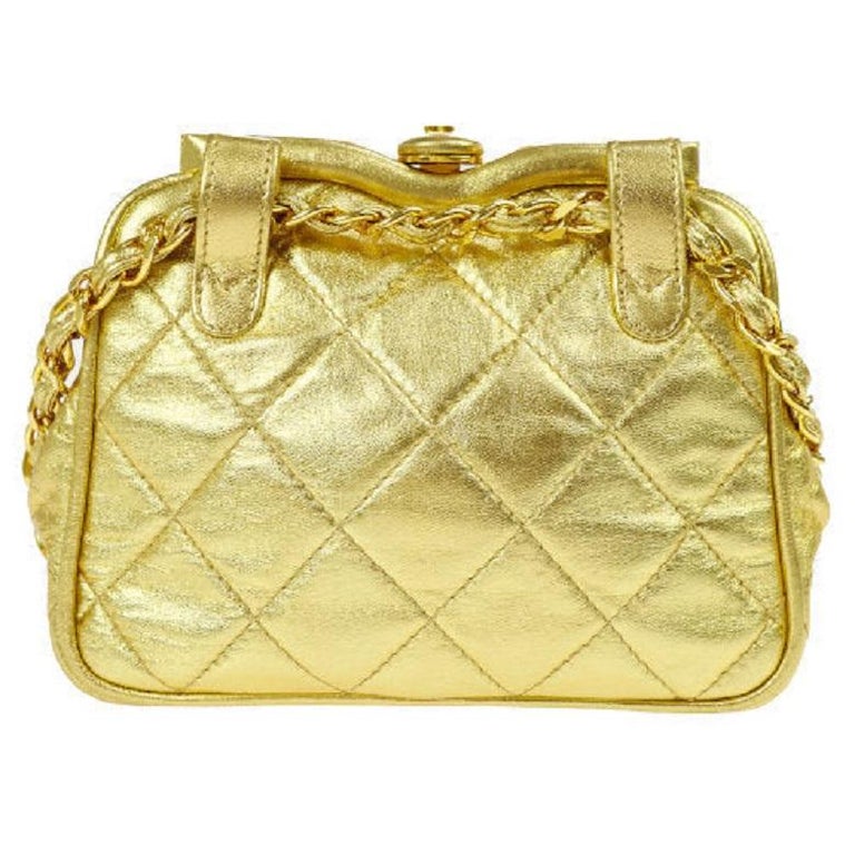 Chanel Gold Metallic Quilted Lambskin Mini Flap Chain Belt Bag