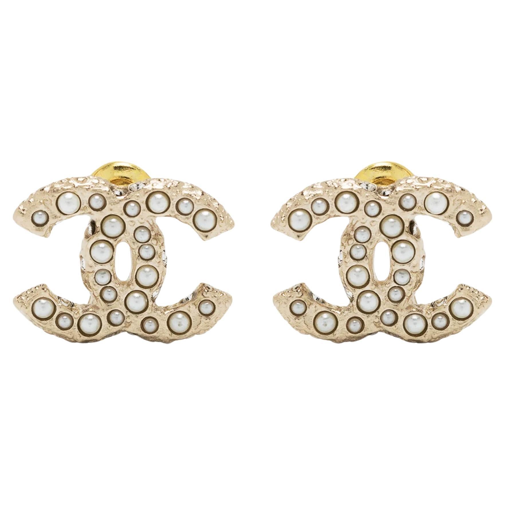 Chanel CC Gold Tone and Faux-Pearl Earrings