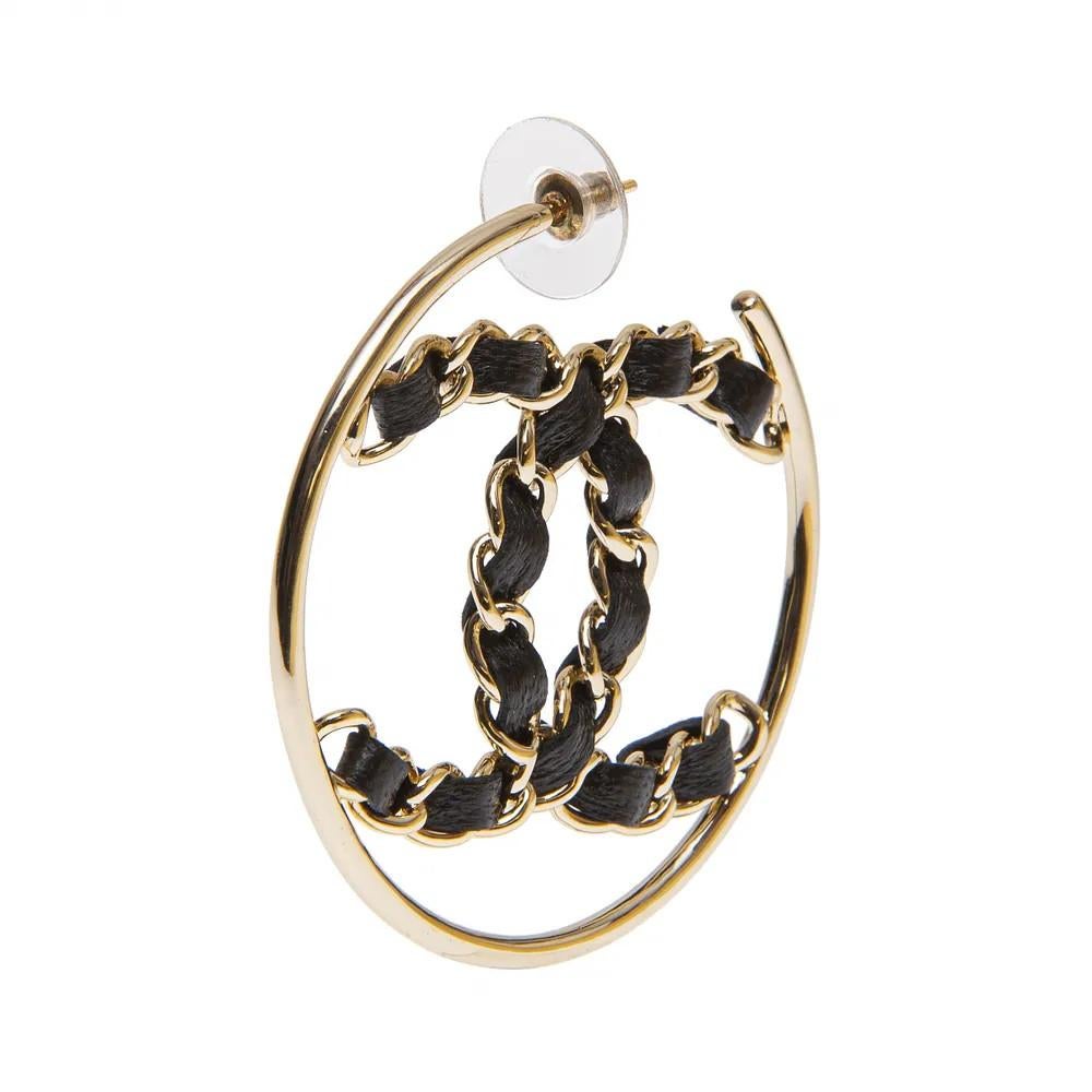Chanel CC Gold tone black leather earrings 1