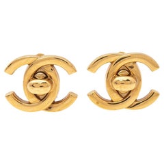 Chanel CC Gold Tone Metal Earrings