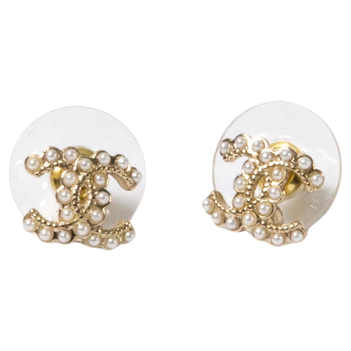 Chanel CC Gold Tone Mini Faux Pearls Earrings
