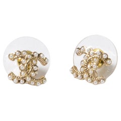 Chanel CC Gold Tone Mini Faux Pearls Earrings