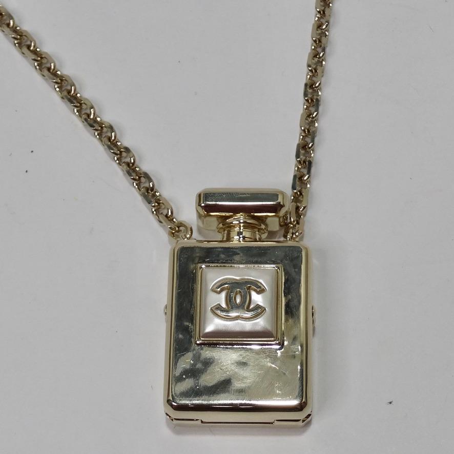 Chanel CC Gold Tone Perfume Bottle Locket Necklace In Good Condition For Sale In Scottsdale, AZ