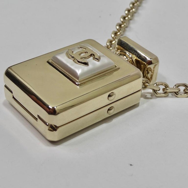 Chanel CC Gold Tone Perfume Bottle Locket Necklace For Sale at